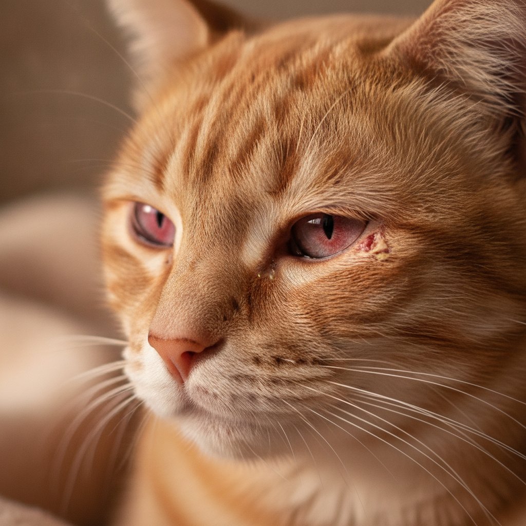 눈 충혈과 눈곱이 보이는 고양이 얼굴 근접