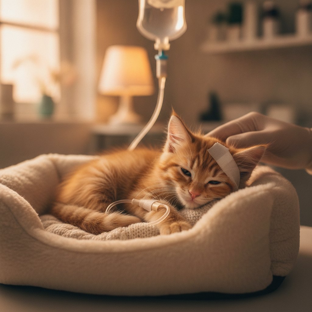 기운 없이 쉬고 있는 어린 고양이