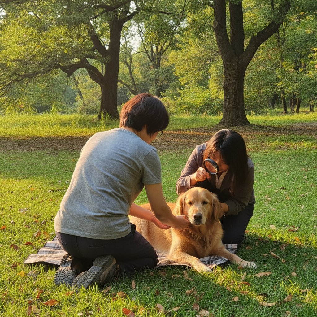 산책 후 강아지 몸에 진드기가 붙었는지 확인하는 보호자