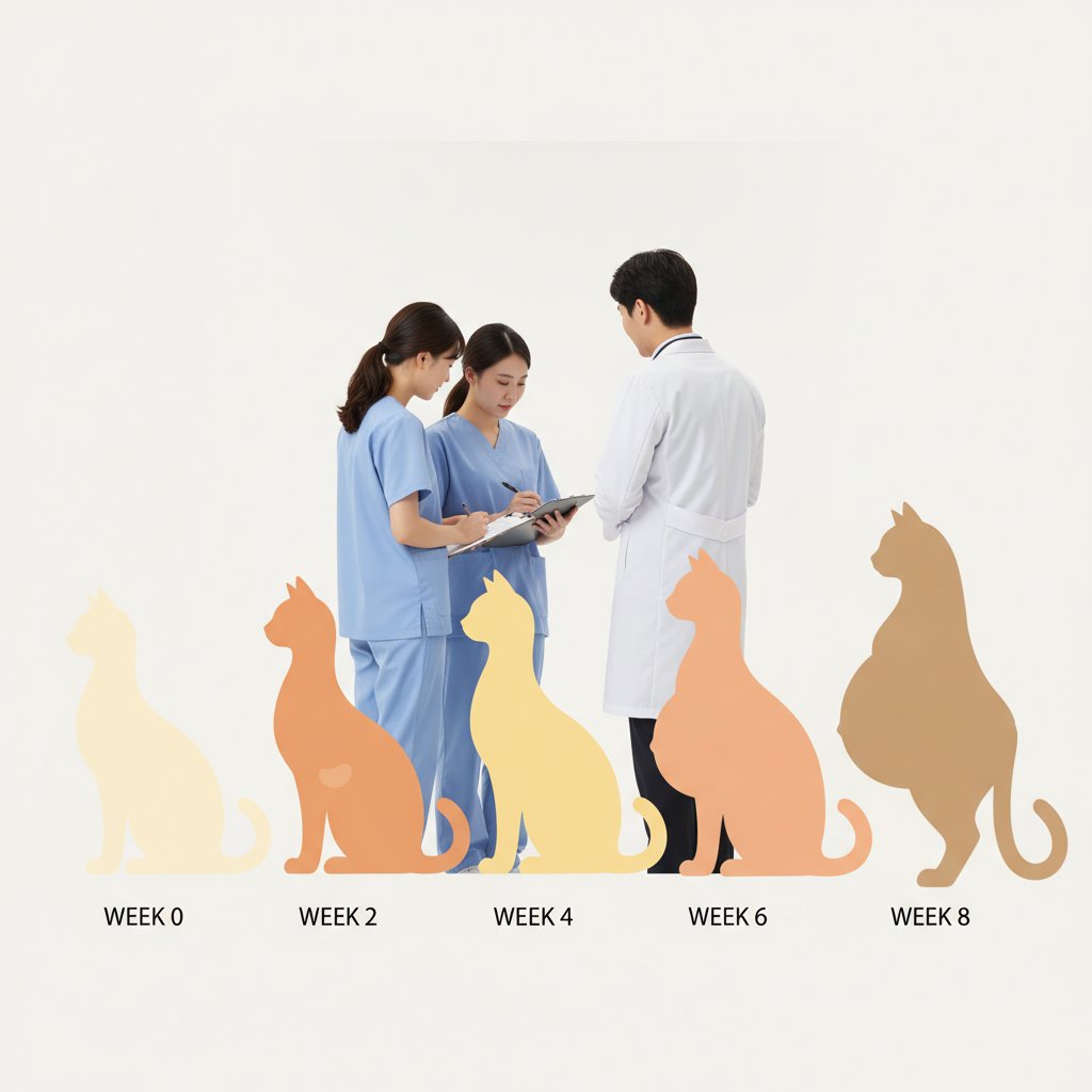 임신 주차가 진행되며 배가 점점 부풀어 오르는 고양이의 변화 일러스트