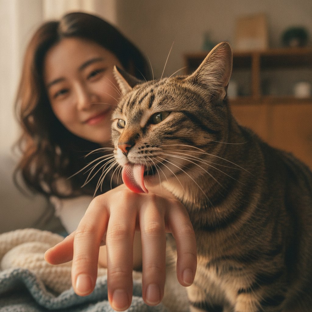 보호자의 손을 핥고 있는 고양이