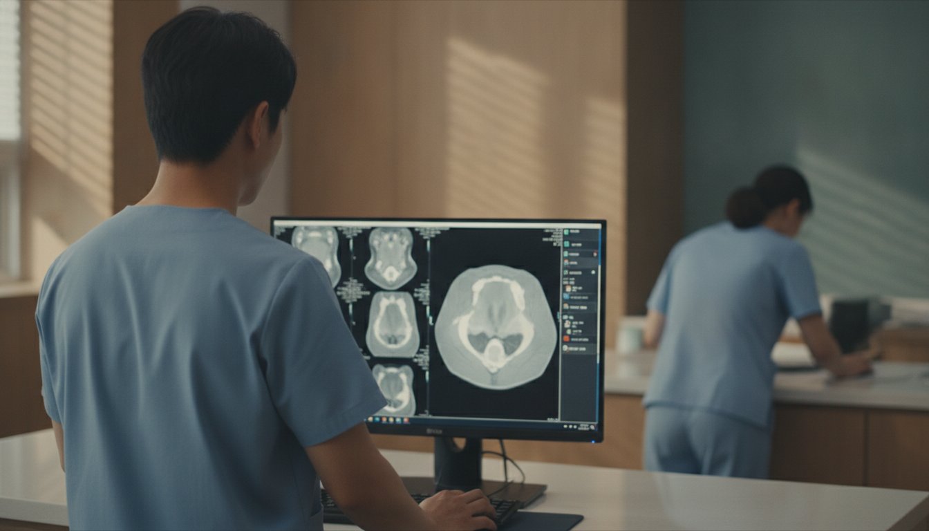 모니터로 강아지 CT 영상을 판독하는 장면