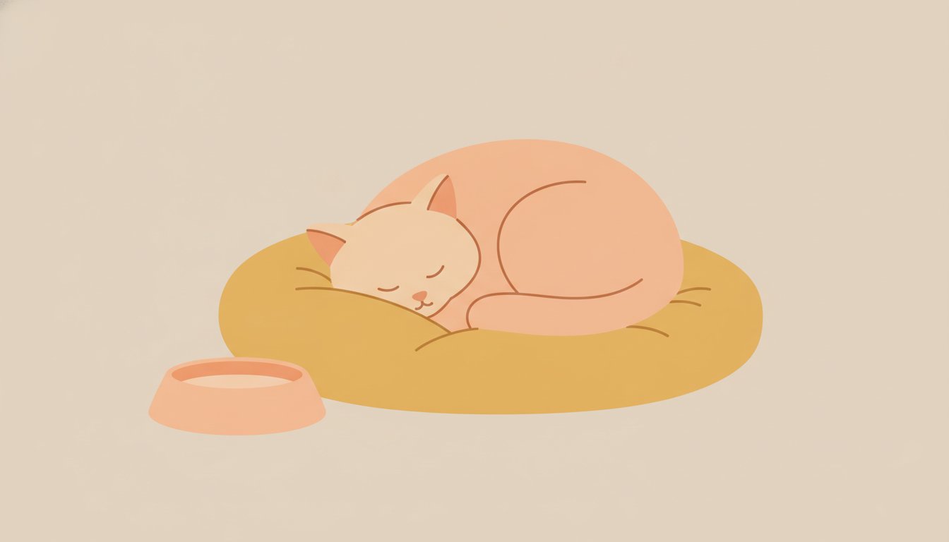 물그릇 옆에서 쉬고 있는 고양이 일러스트