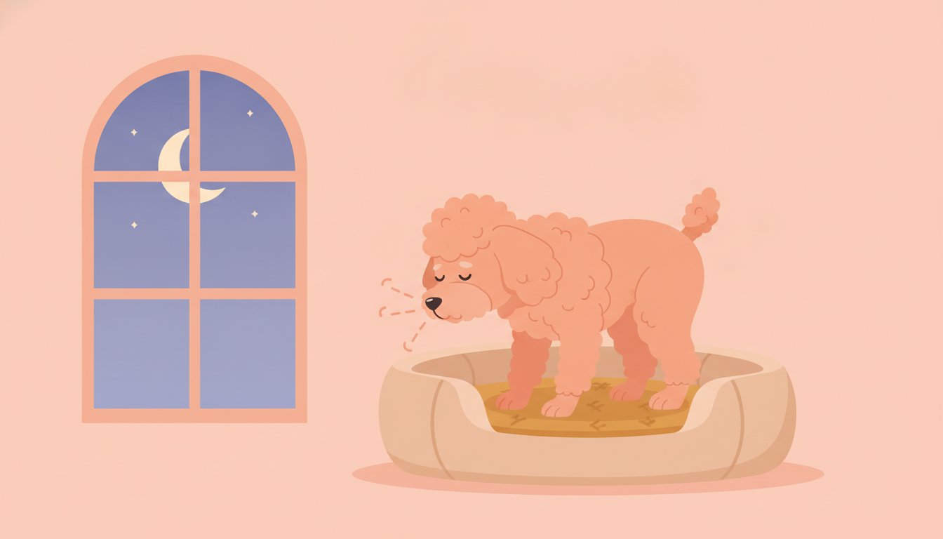 밤에 침대 위에서 기침하는 노령 소형견 일러스트